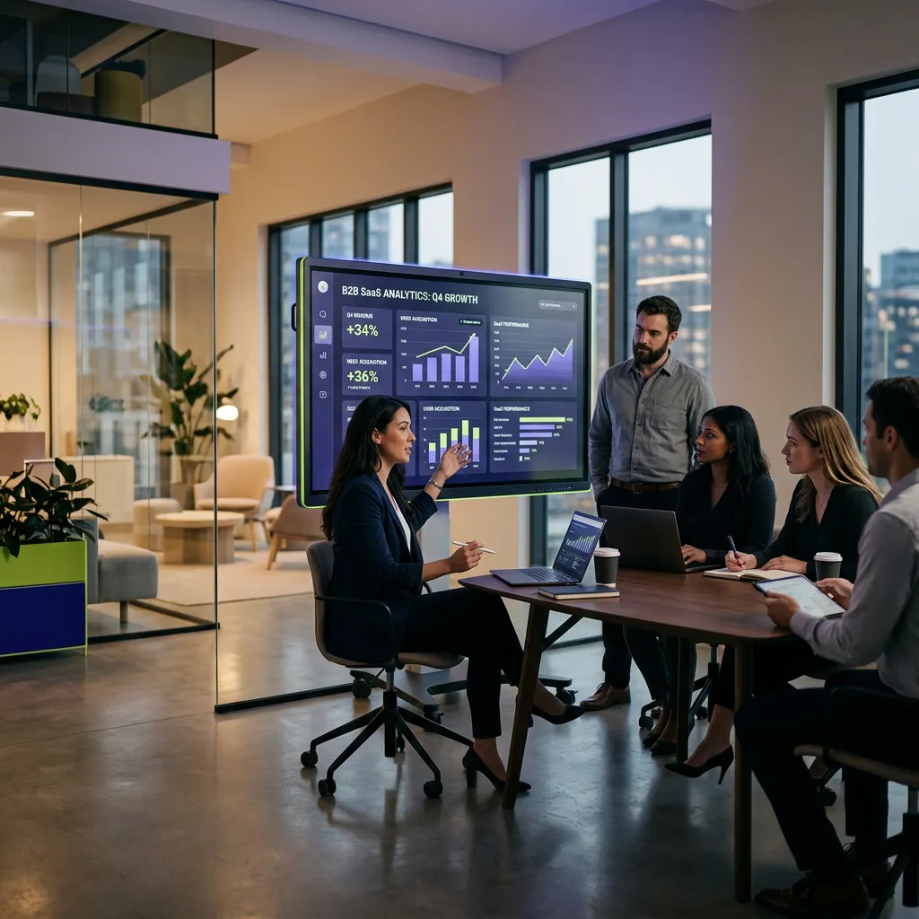 Modern B2B operational workspace with collaborative team reviewing real-time growth analytics