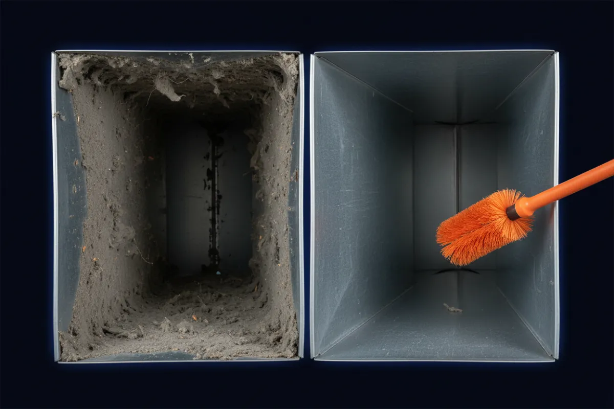 Professional technician inspecting clean dryer vent in laundry room
