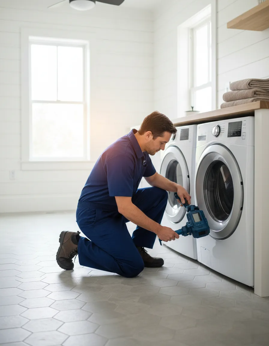 Professional technician inspecting clean dryer vent in laundry room