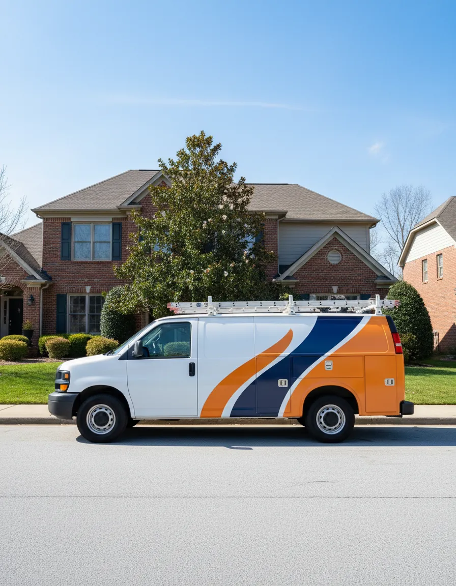 Metro Atlanta Dryer Vent Care branded truck in a local Cobb County neighborhood