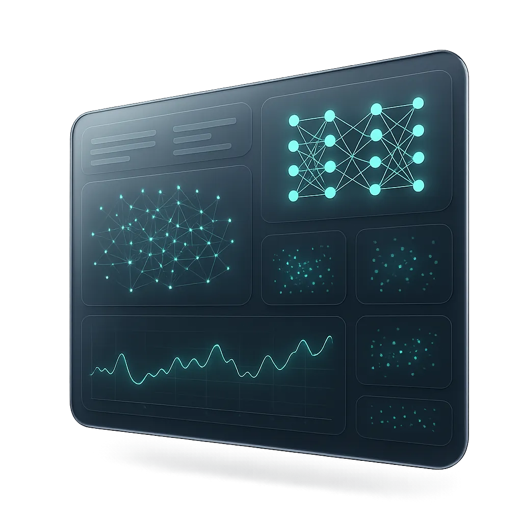 Modern glowing AI dashboard cutout showing neural architecture and real-time revenue analytics