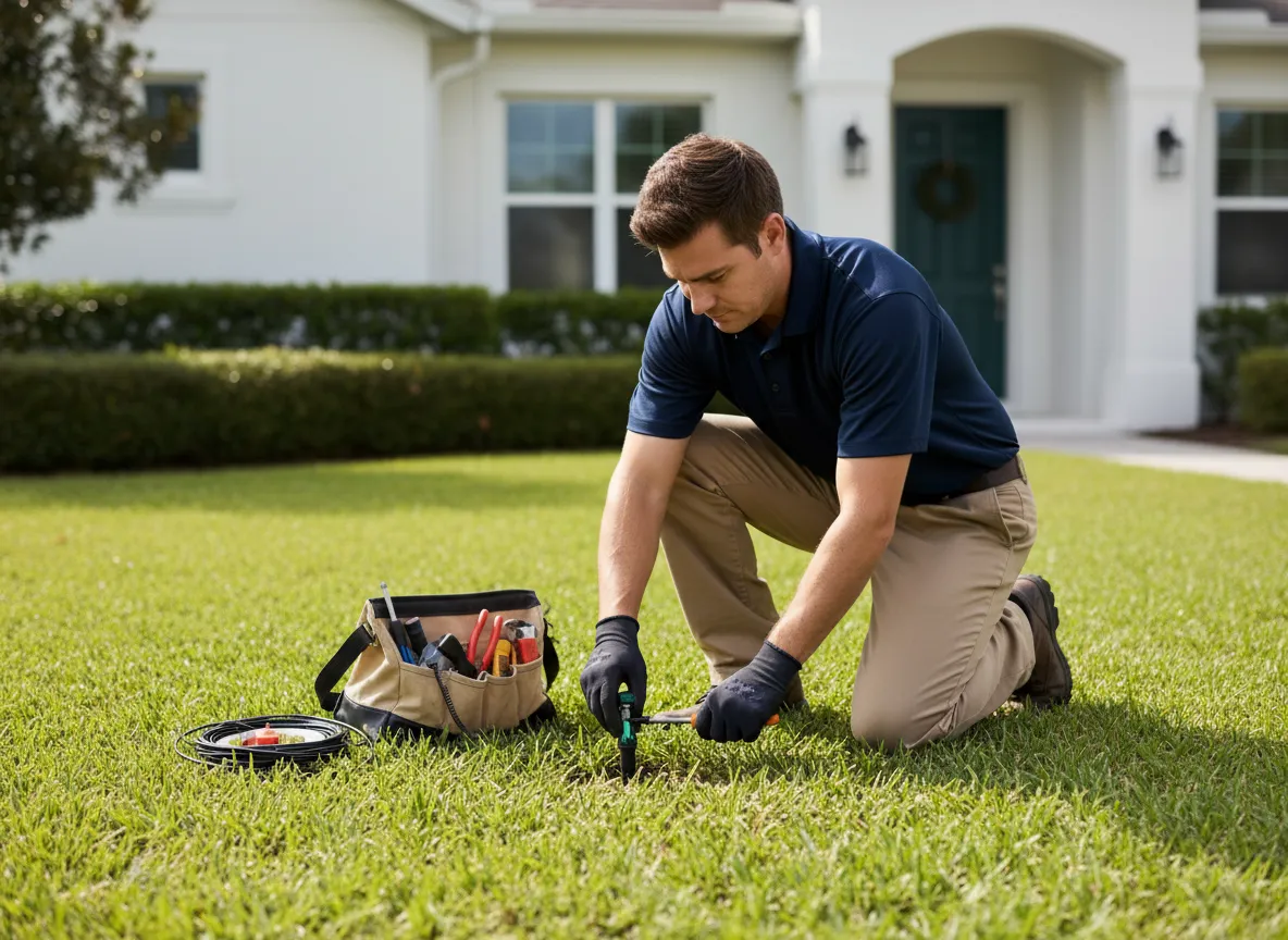 Technician fixing a sprinkler head in Jacksonville lawn