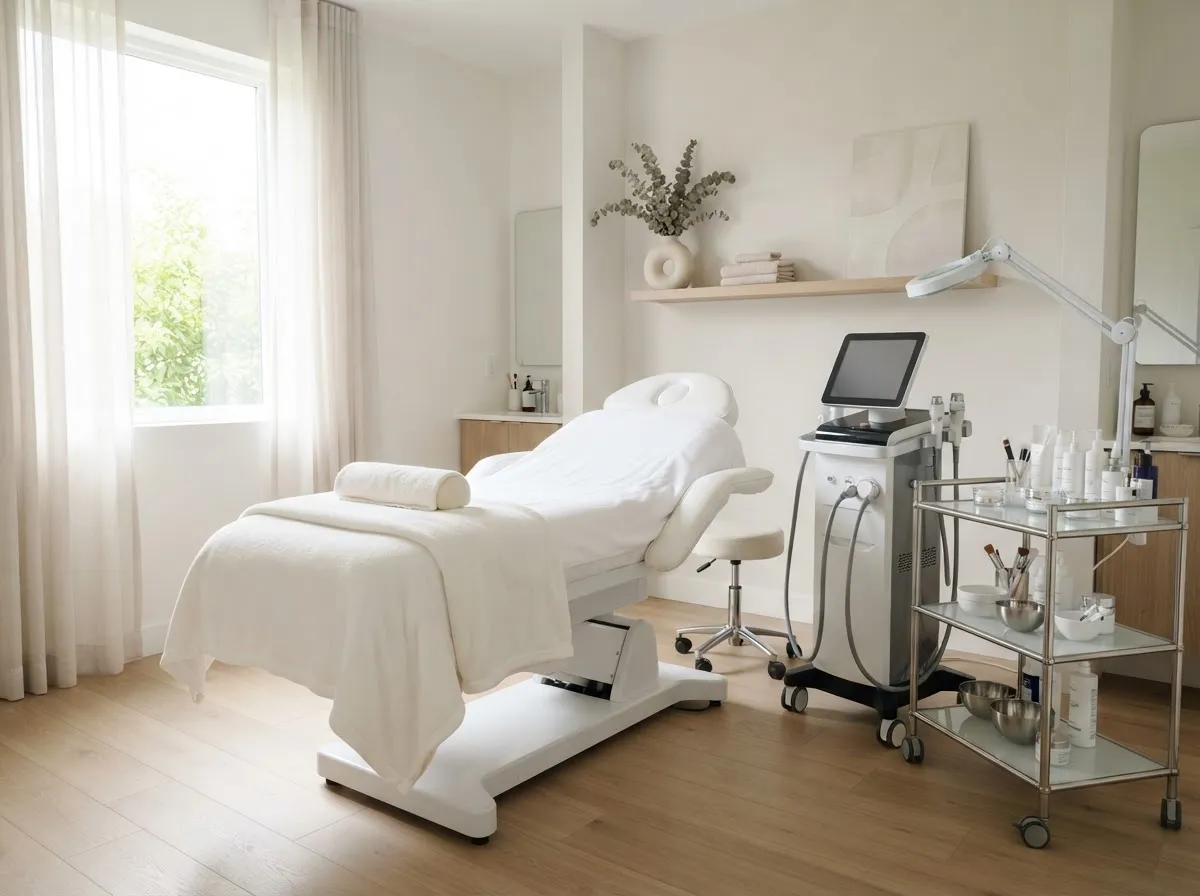 Pristine clinical aesthetics treatment room featuring medical microneedling equipment and modern skincare station