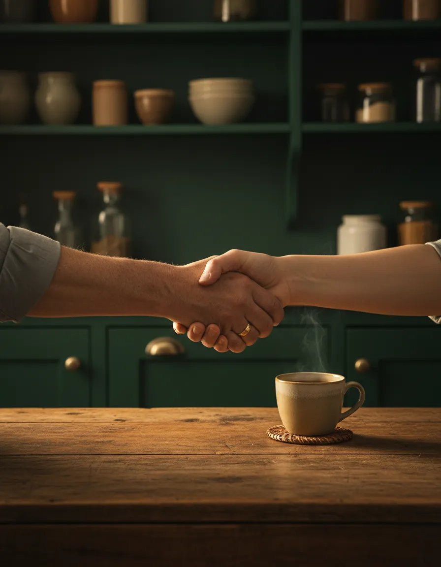 A warm handshake over coffee at a kitchen table representing authentic traditional care