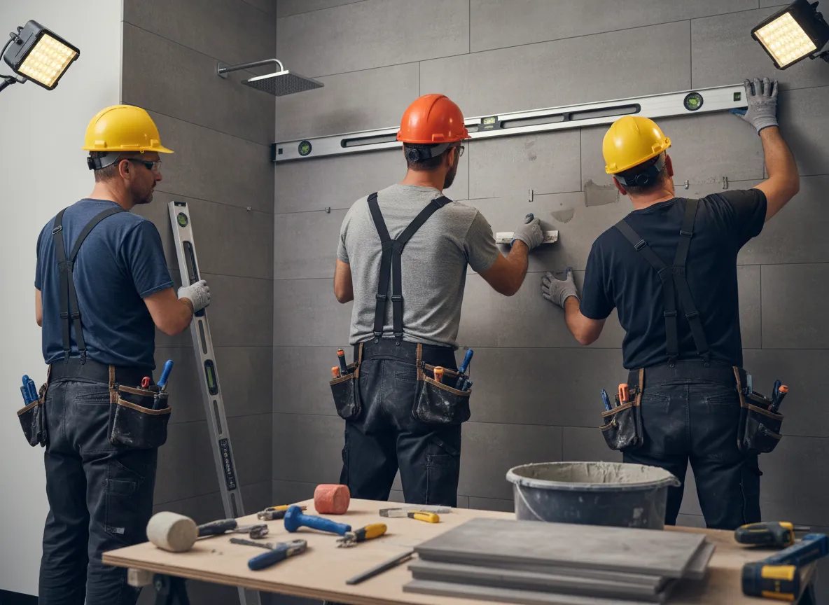 Experienced bathroom remodeling crew at work