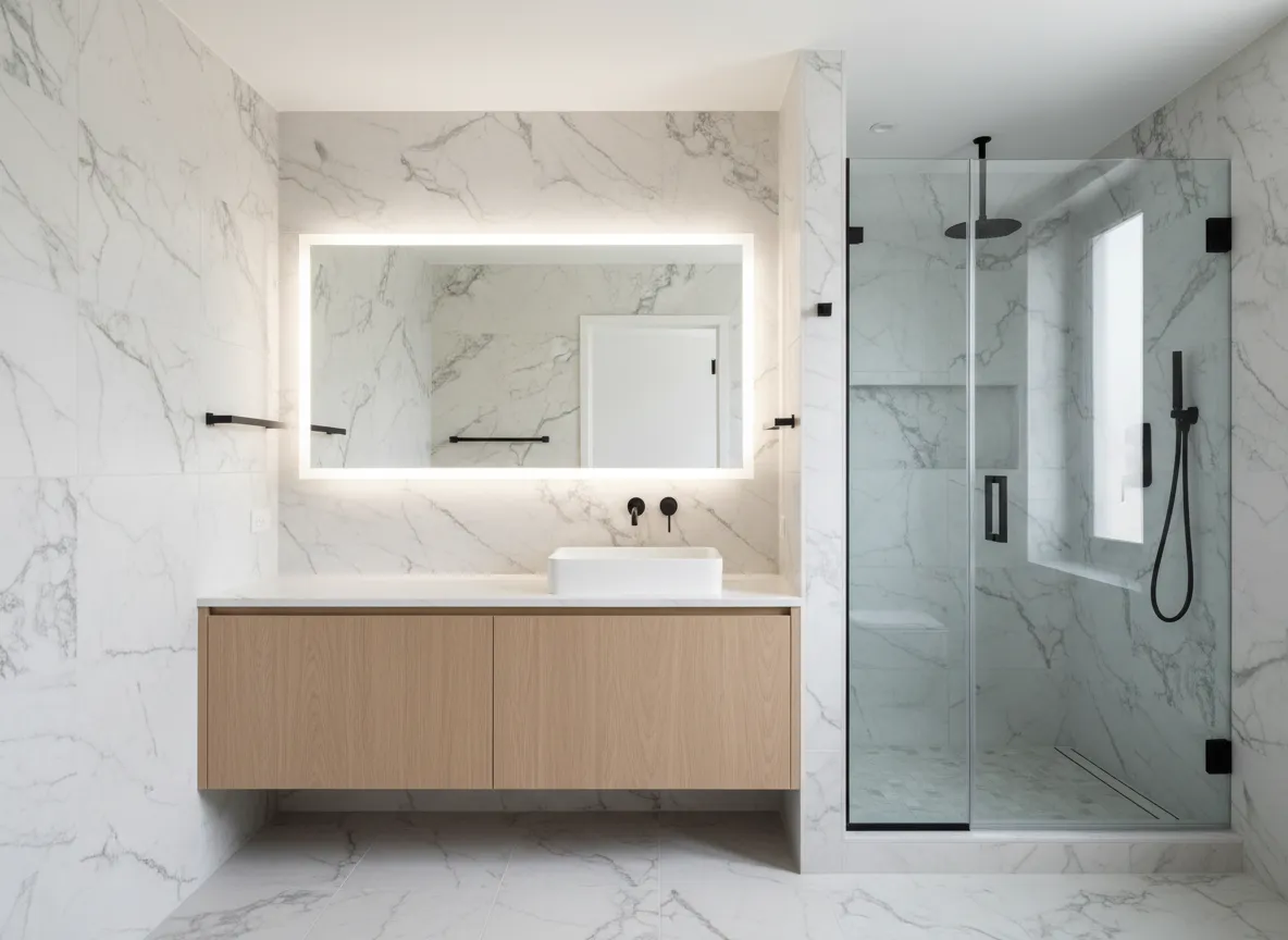 Modern marble bathroom remodel in NYC condo