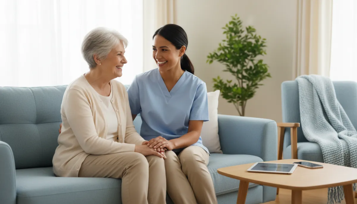 Professional caregiver supporting senior at home
