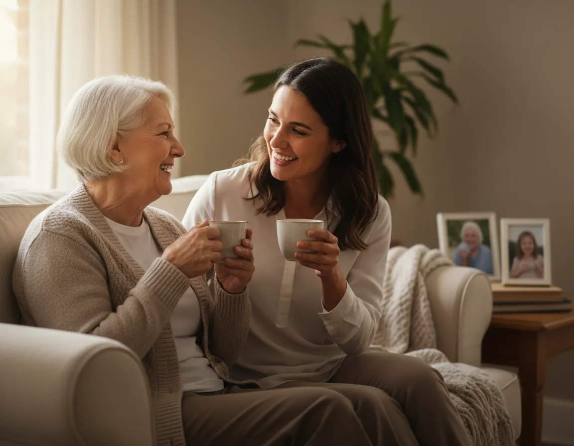 Senior and caregiver smiling together at home