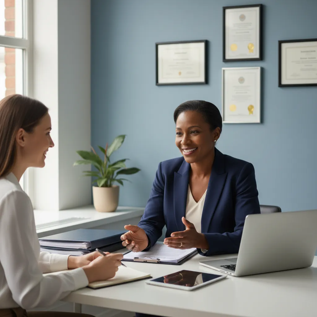 A professional advisor, mid-40s, African American woman, seated at a modern desk with paperwork and a laptop, warmly engaging with a client. The office features soft blue accents and certificates on the wall, evoking trust and expertise. 1:1 aspect ratio.