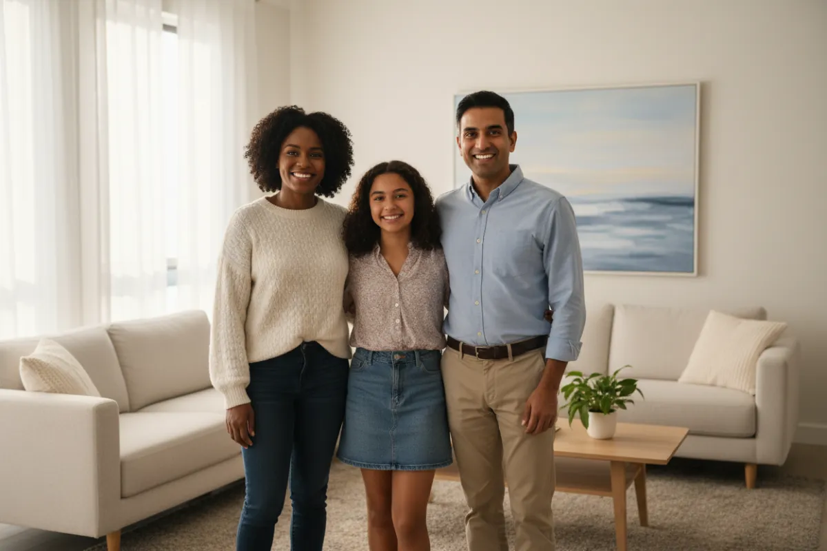 A confident, diverse family of three—parents and a teenage daughter—standing together in a sunlit living room, smiling and relaxed. The background features soft, modern decor with natural light, conveying warmth, security, and optimism. Photorealistic, 3:2 aspect ratio.