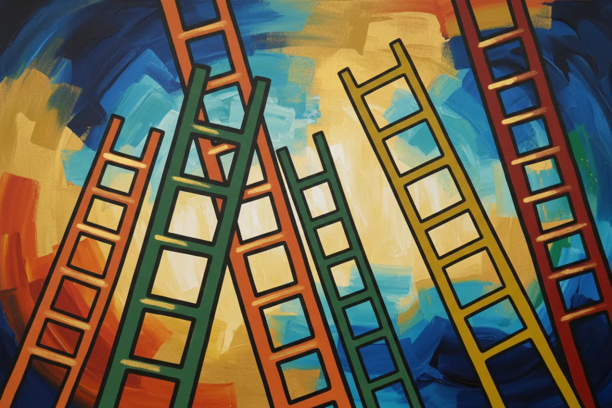 Stylized, artistic depiction of several ladders in varying heights, set against a blue and gold abstract background. The ladders are rendered with bold outlines and playful angles, suggesting accessibility and upward movement.