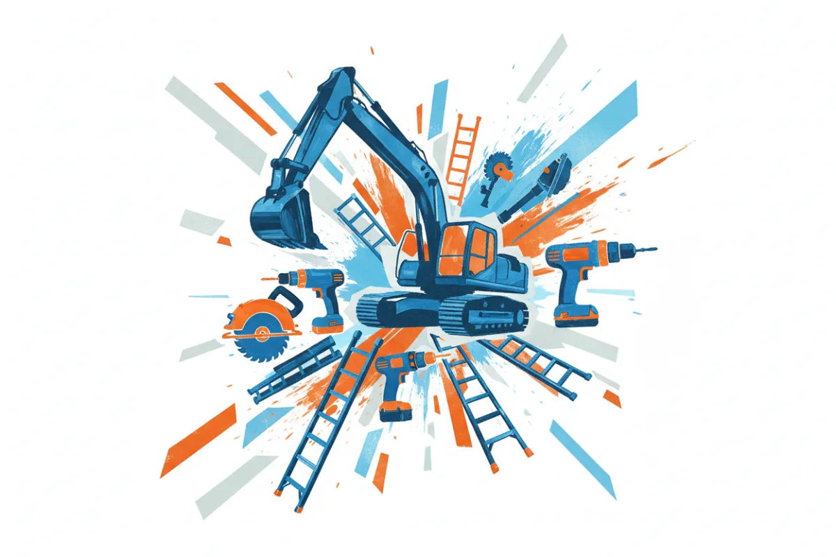 Abstract artistic collage of various rental equipment, including a stylized excavator, power tools, and ladders, arranged in a dynamic, high-energy composition with bold blue and orange brushstrokes. The background is white with geometric accents, evoking motion and possibility.