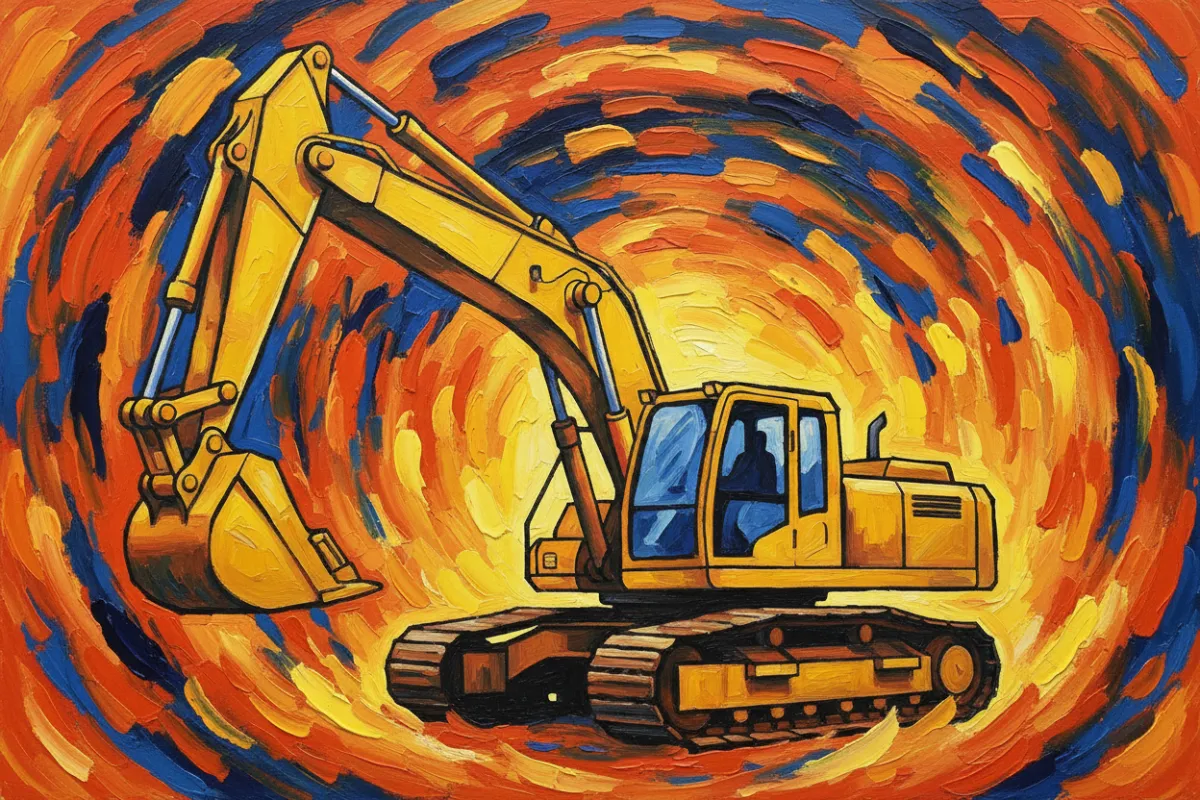 Vivid, abstract painting of a yellow excavator with exaggerated lines and geometric shapes, set against a swirling orange and blue background. The composition is energetic, with bold brushwork and a sense of movement, evoking the power and versatility of heavy machinery.