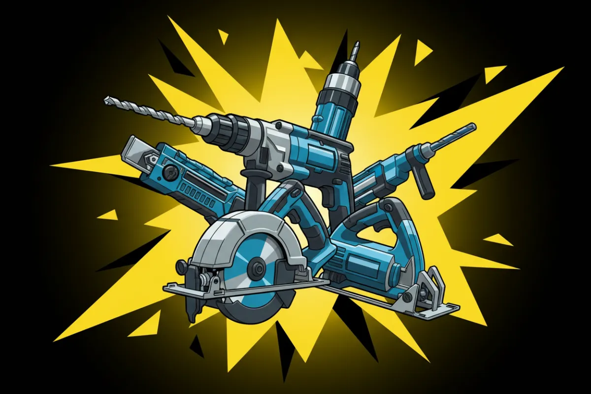 Artistic rendering of assorted power tools, including a drill and saw, arranged in a dynamic cluster. The background features abstract yellow and black patterns, with sharp lines and high contrast, highlighting the precision and reliability of the tools.
