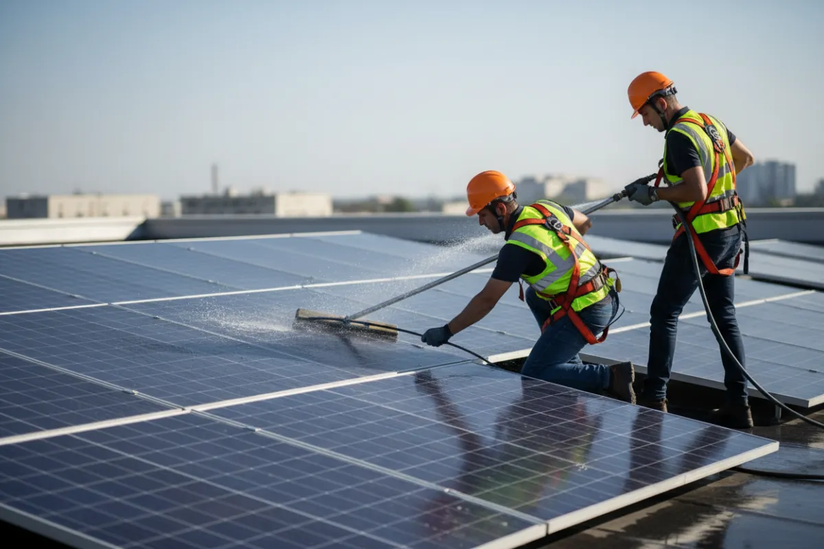 Two solar panel cleaners cleaning a rooftop solar panel