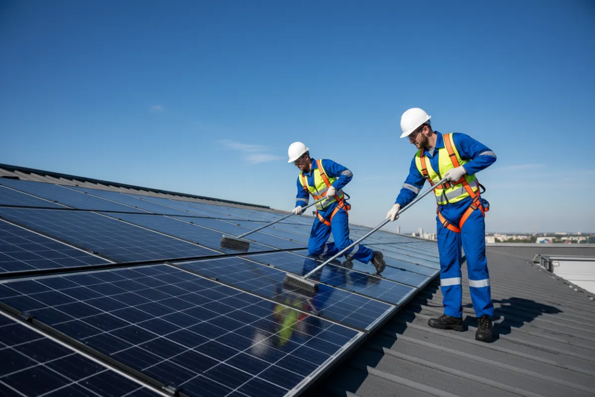 Two solar cleaning technicians cleaning a solar panel