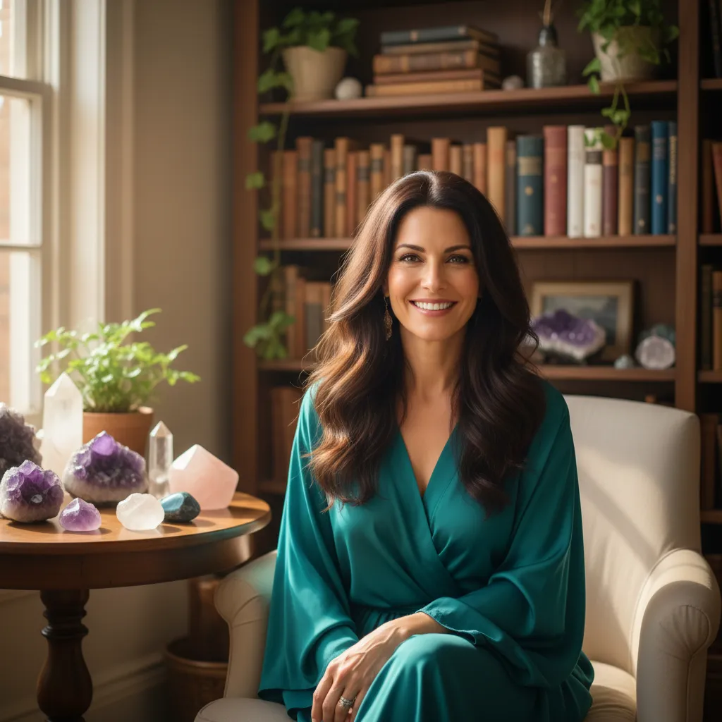 Portrait of a smiling woman in her 40s with long dark hair, wearing a flowing teal blouse, seated in a sunlit room with crystals and books in the background.