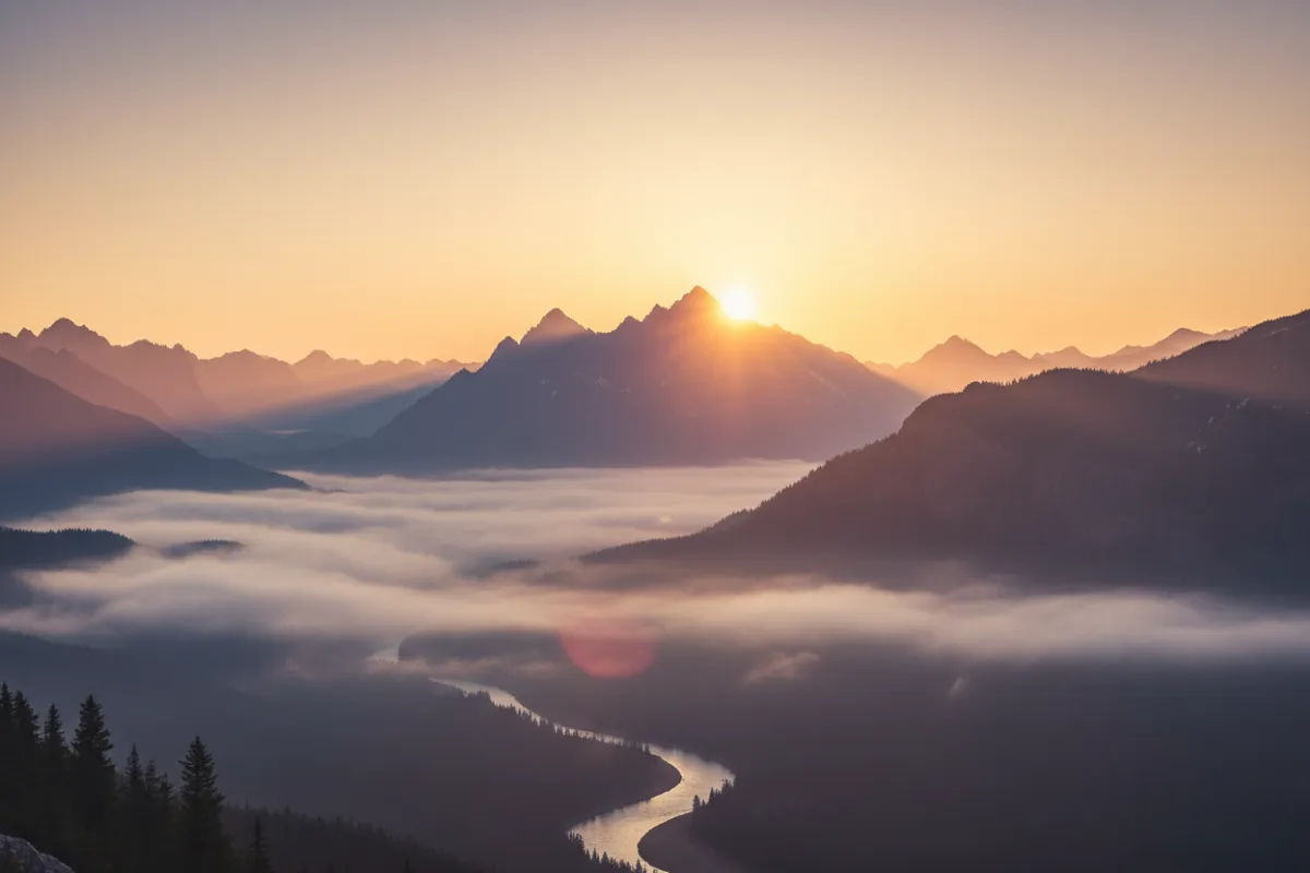 Still image from a guided manifestation video showing a tranquil sunrise over a mountain, with soft golden light and gentle mist, evoking calm and inspiration.