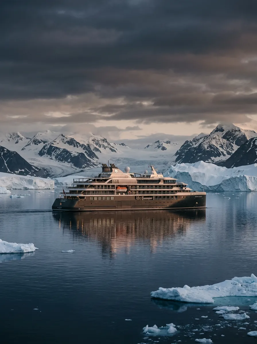 Luxury expedition travel vessel framed by coastal stillness