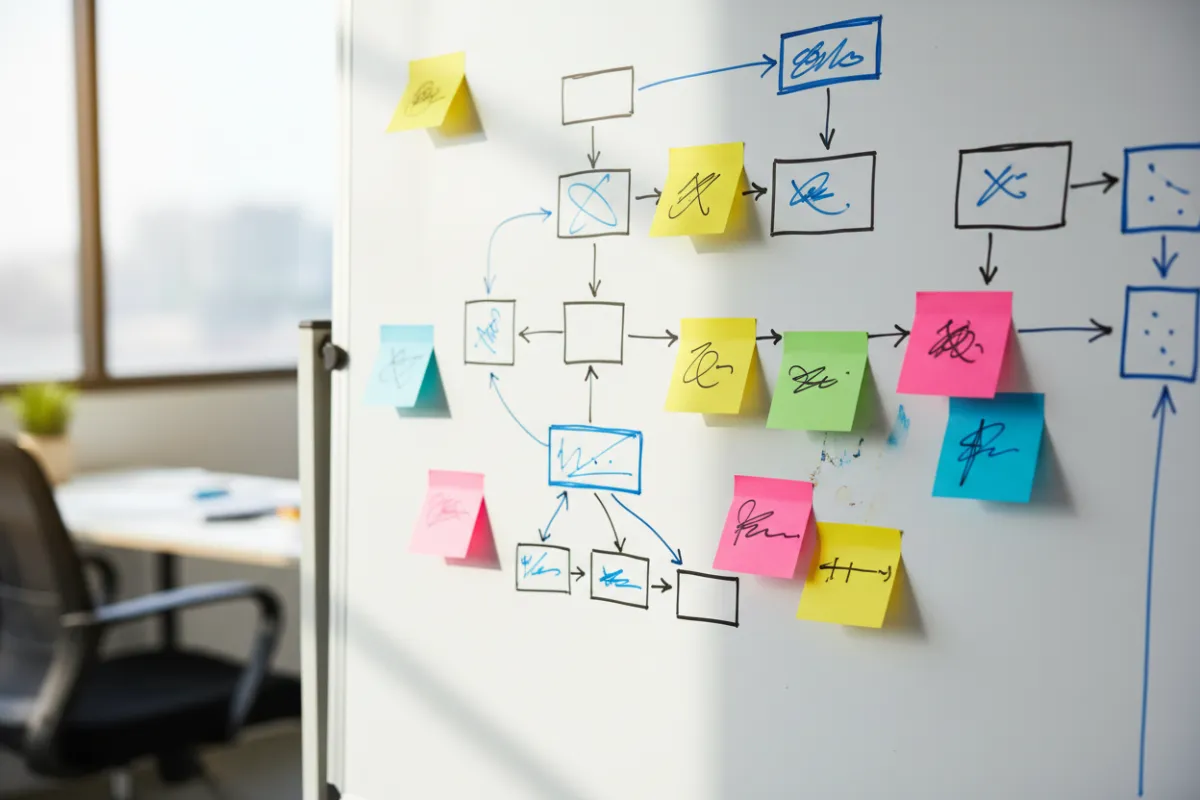 Tableau blanc rempli de workflows et post‑it colorés pour l'audit d'implémentation IA