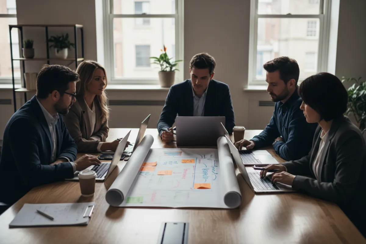 Équipe discutant autour d'une table d'un plan d'implémentation IA
