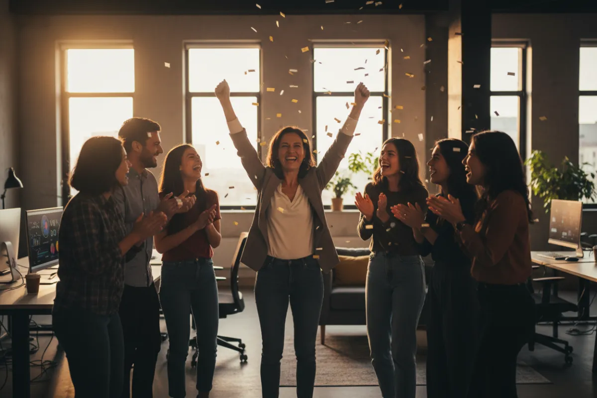 Happy founder celebrating a win with his team, everyone smiling and applauding