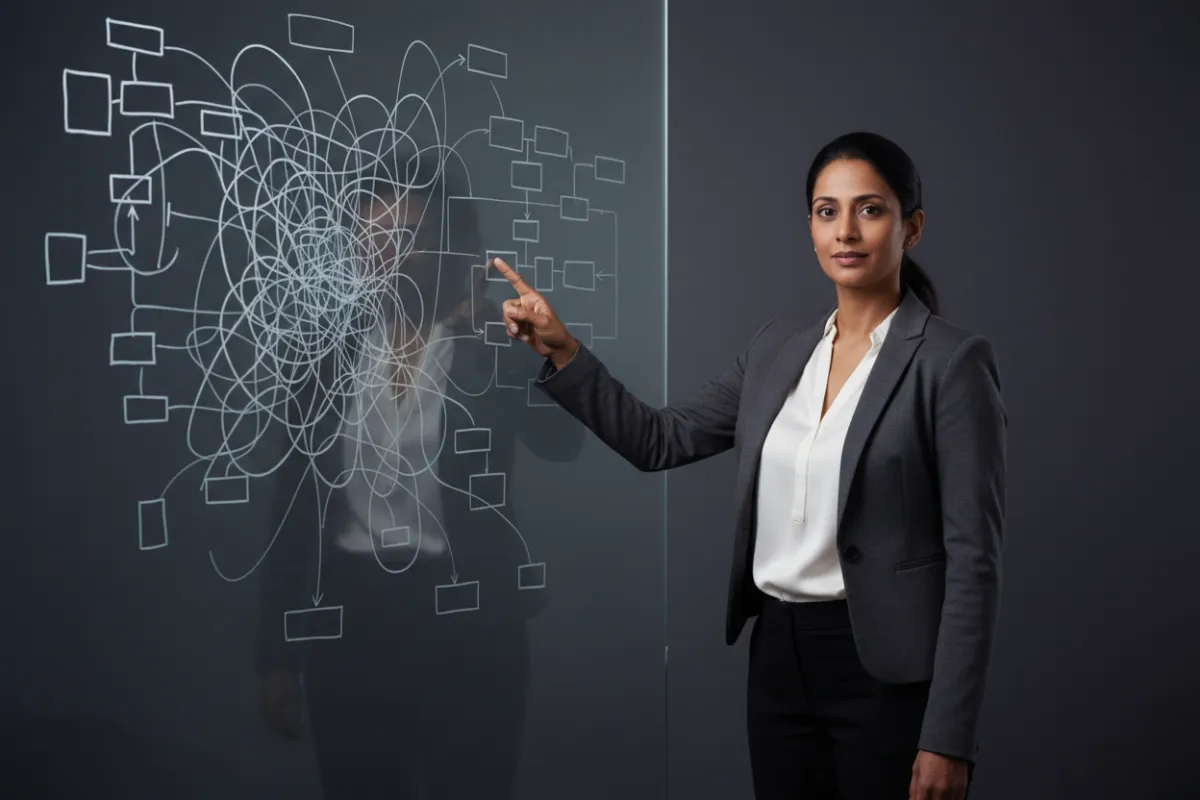 40-year-old Indian female professional consultant standing in front of a whiteboard filled with complex business process diagrams, pointing to simplified steps; high-quality minimalist professional office setting.