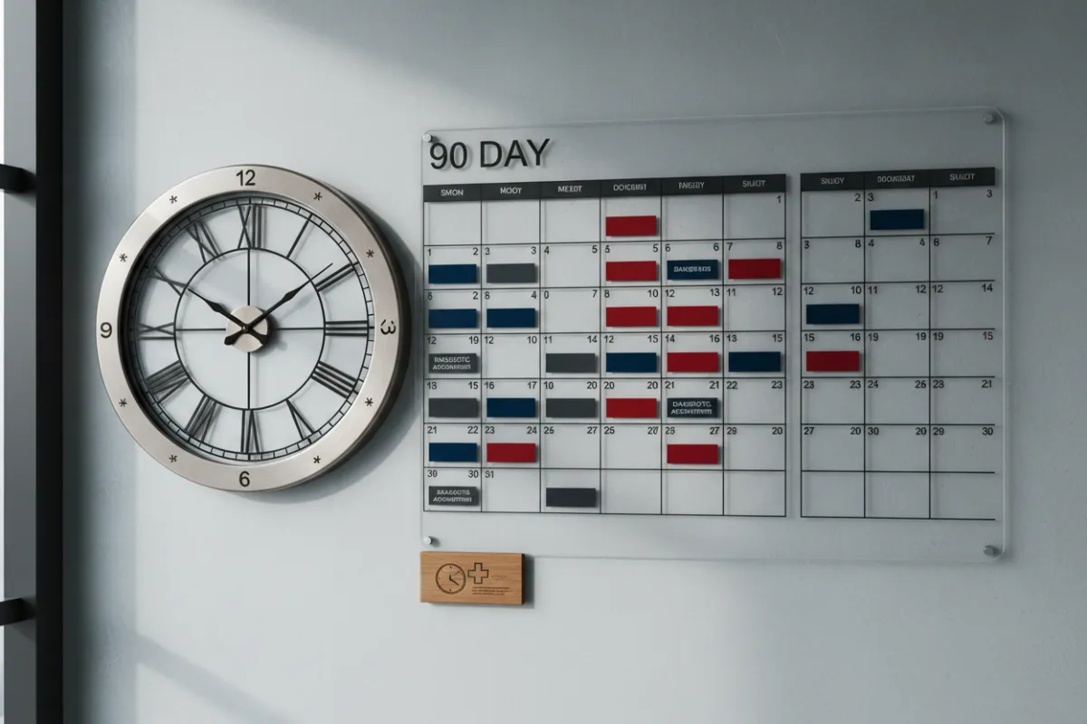 Horloge murale et calendrier illustrant la planification de 90 jours