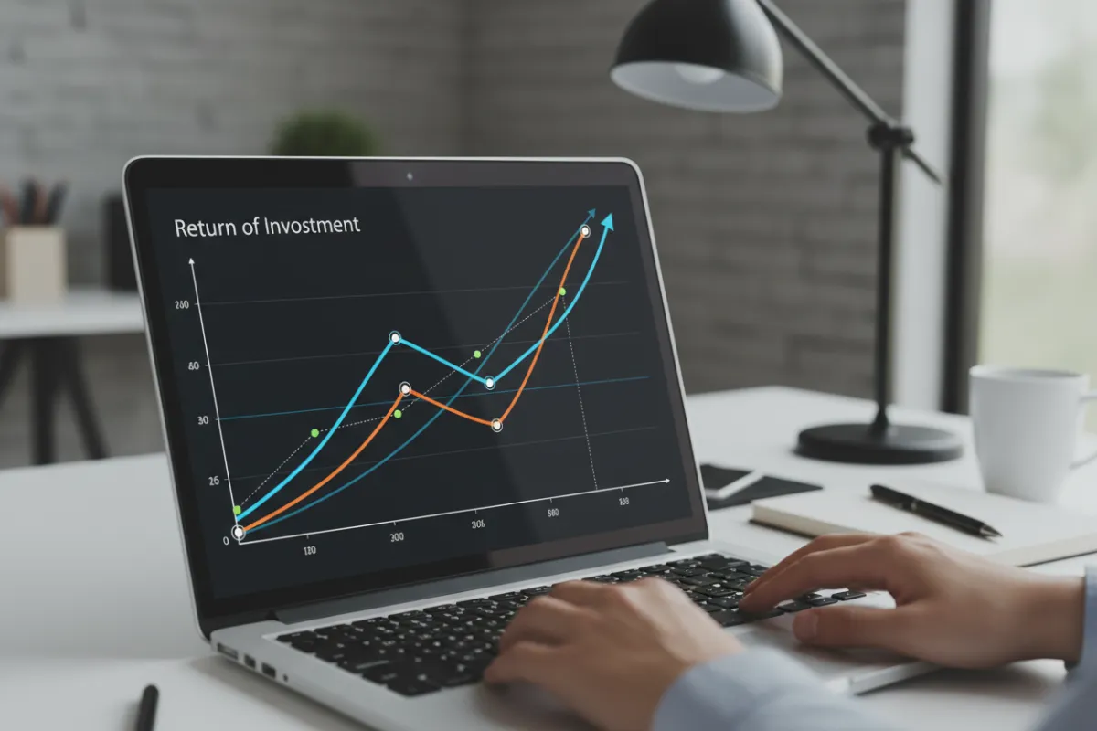 Graphique ROI sur écran d'ordinateur portable illustrant les gains de l'audit IA