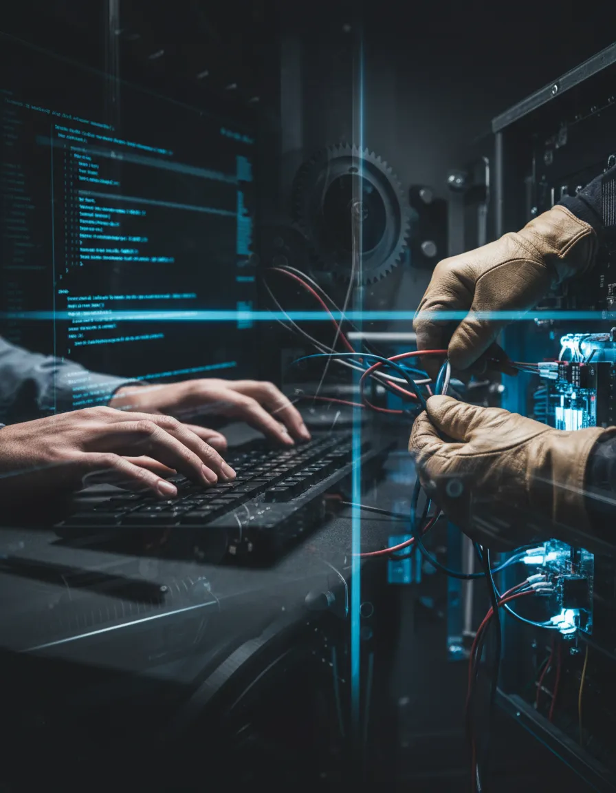 Hands crafting code and electrical work, representing handmade infrastructure.