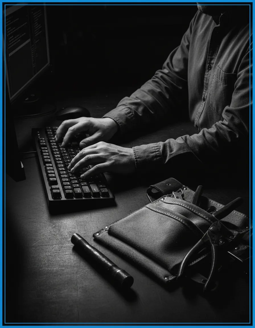 Developer hands coding next to a contractor tool belt
