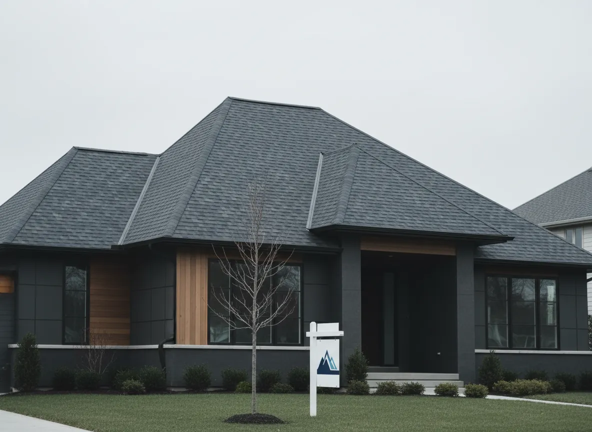 Summit Roofing & Restoration steep architectural shingle roof with branded yard sign