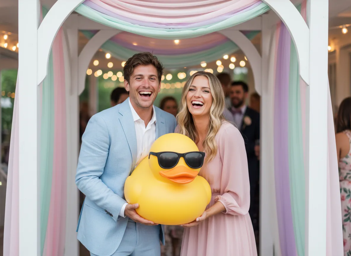 Elegant open-air photo booth at Brooklyn wedding with guests posing with props and custom backdrop at Williamsburg venue