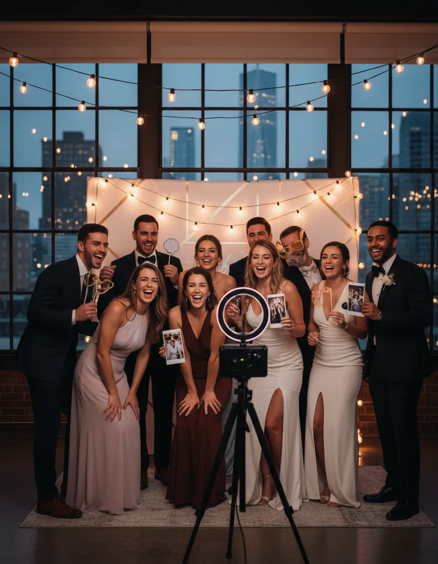 Elegant open-air photo booth at NYC wedding reception with bride and groom posing with props and custom backdrop