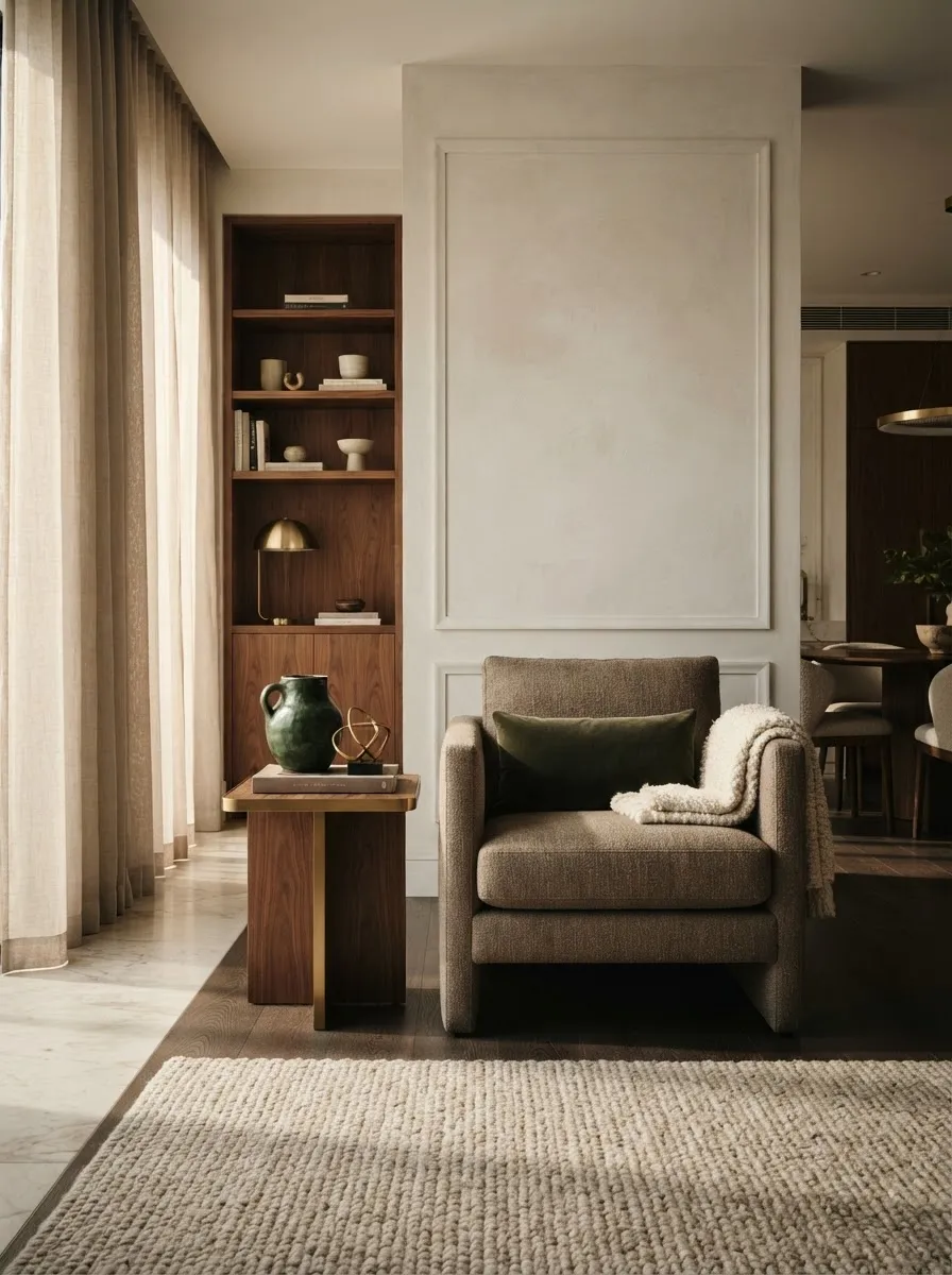 Living integrado de conceito aberto com luz natural e acabamentos requintados