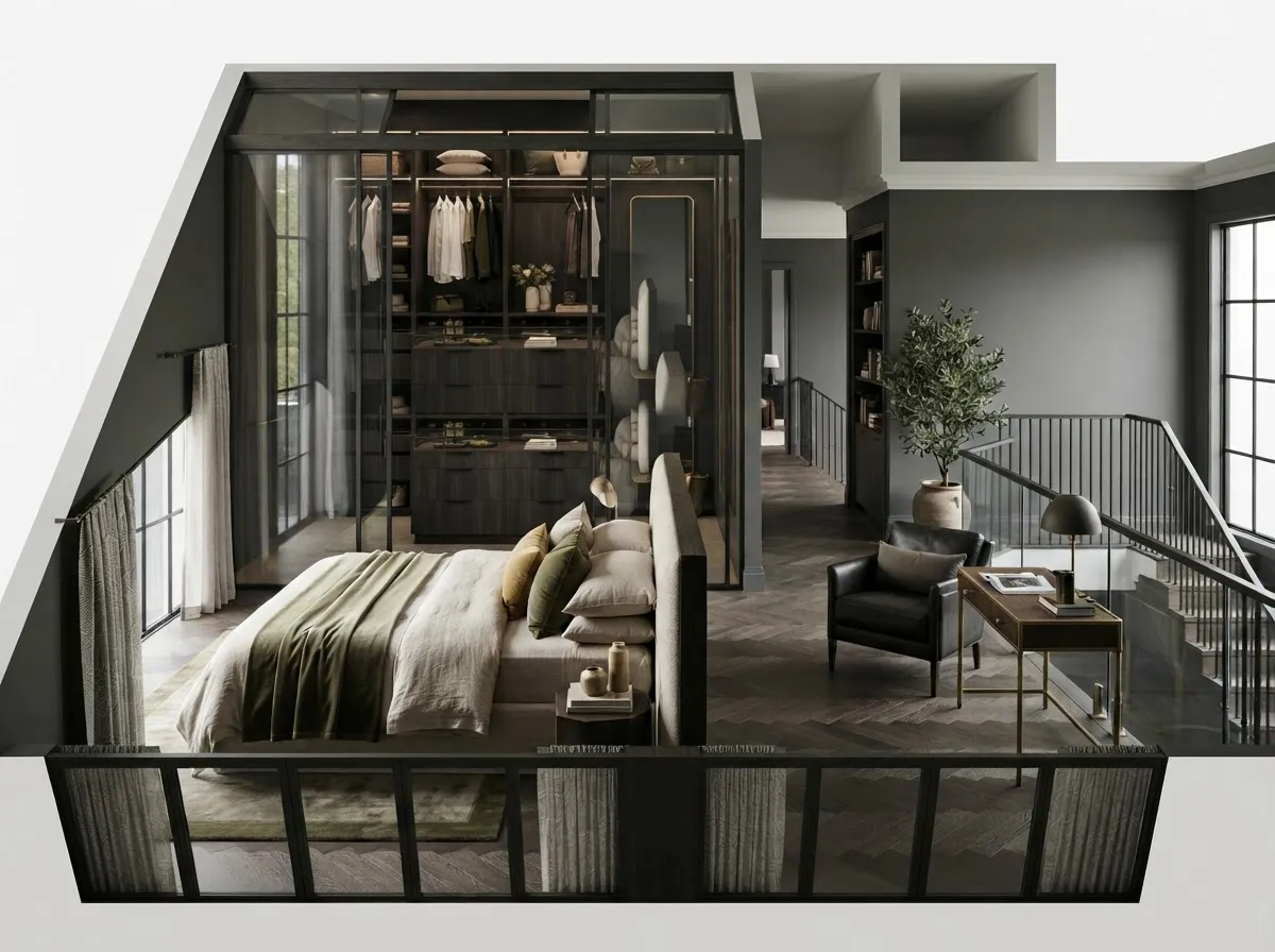 Planta do segundo pavimento com 3 suítes completas, walk-in closets e espaço loft versátil