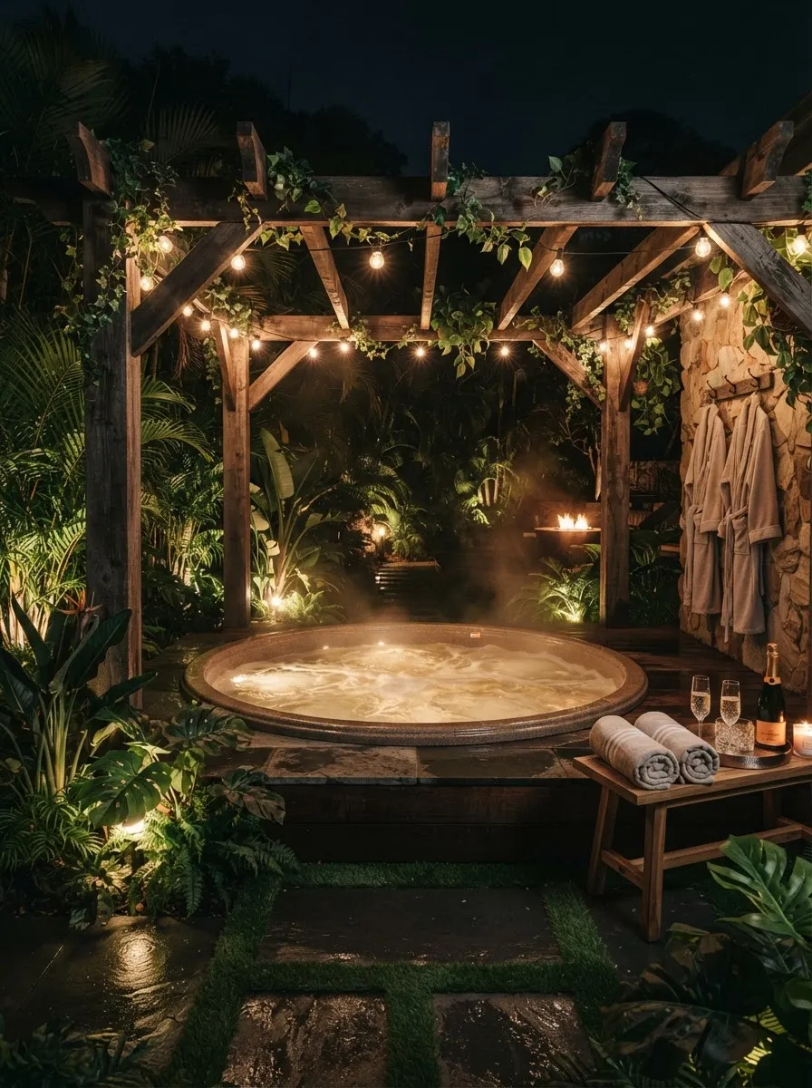 Garden privativo com jacuzzi aquecida e pergolado elegante em madeira nobre