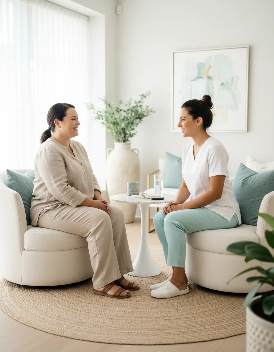 Smiling person at a wellness consultation in a bright spa-like clinic
