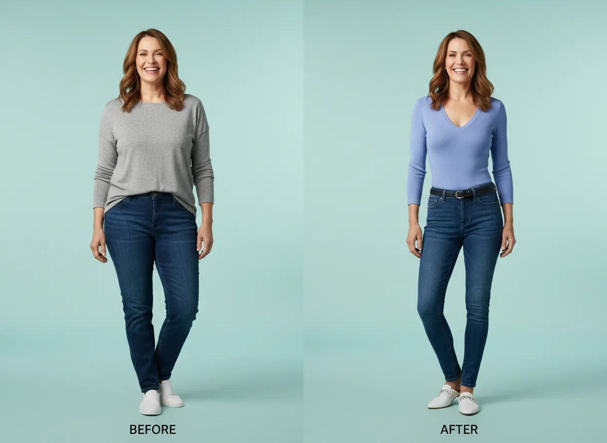 Before and after style image of a client smiling, showing healthy weight loss progress