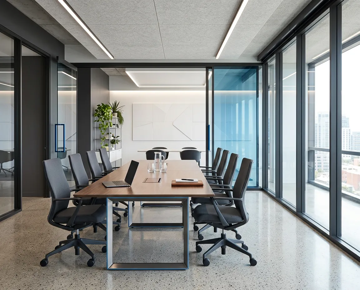 Impeccably clean modern commercial workspace with precision architecture and spotless surfaces