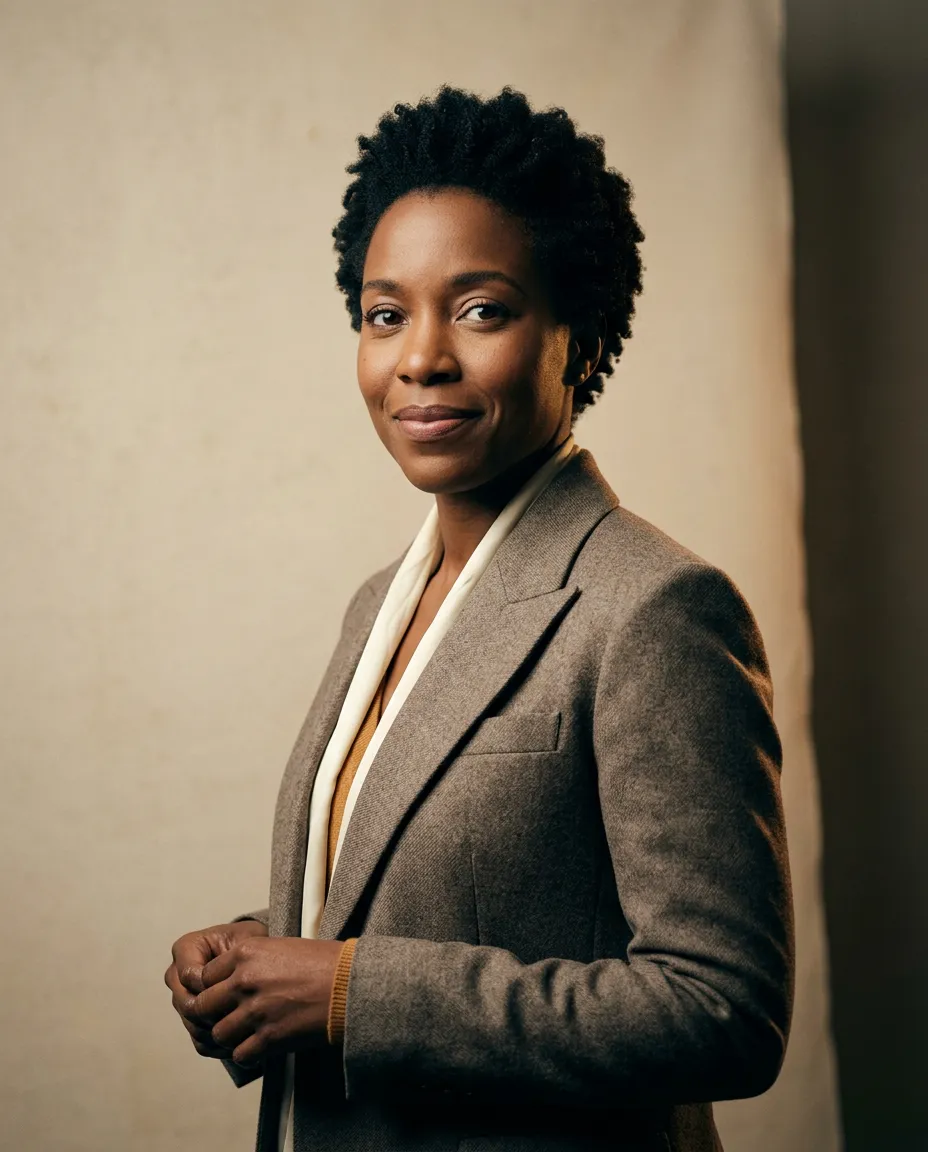Portrait of Marie Laurent, founder of Audé Beauty, looking warm and confident in natural light