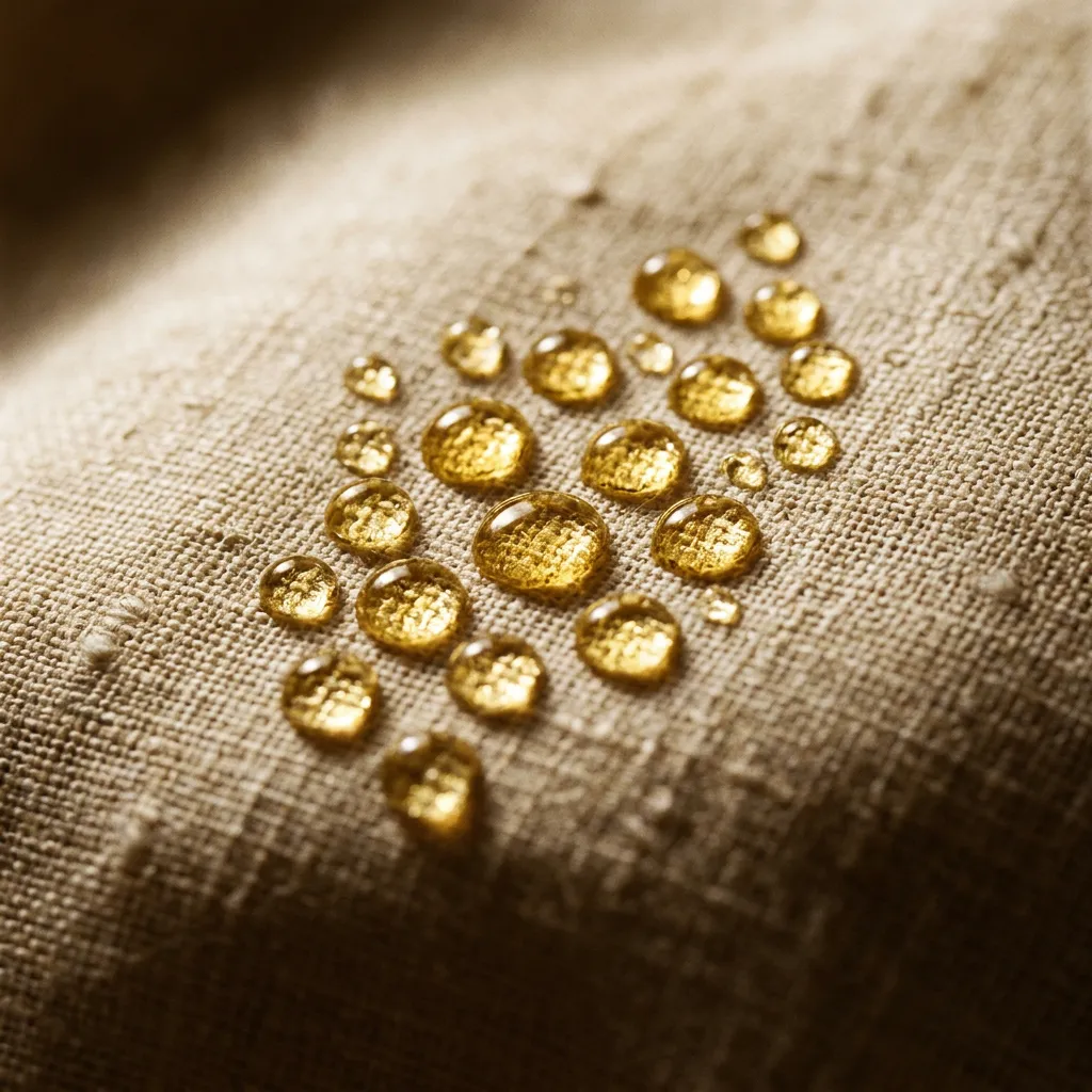 Close-up of golden botanical oil droplets on textured silk surface