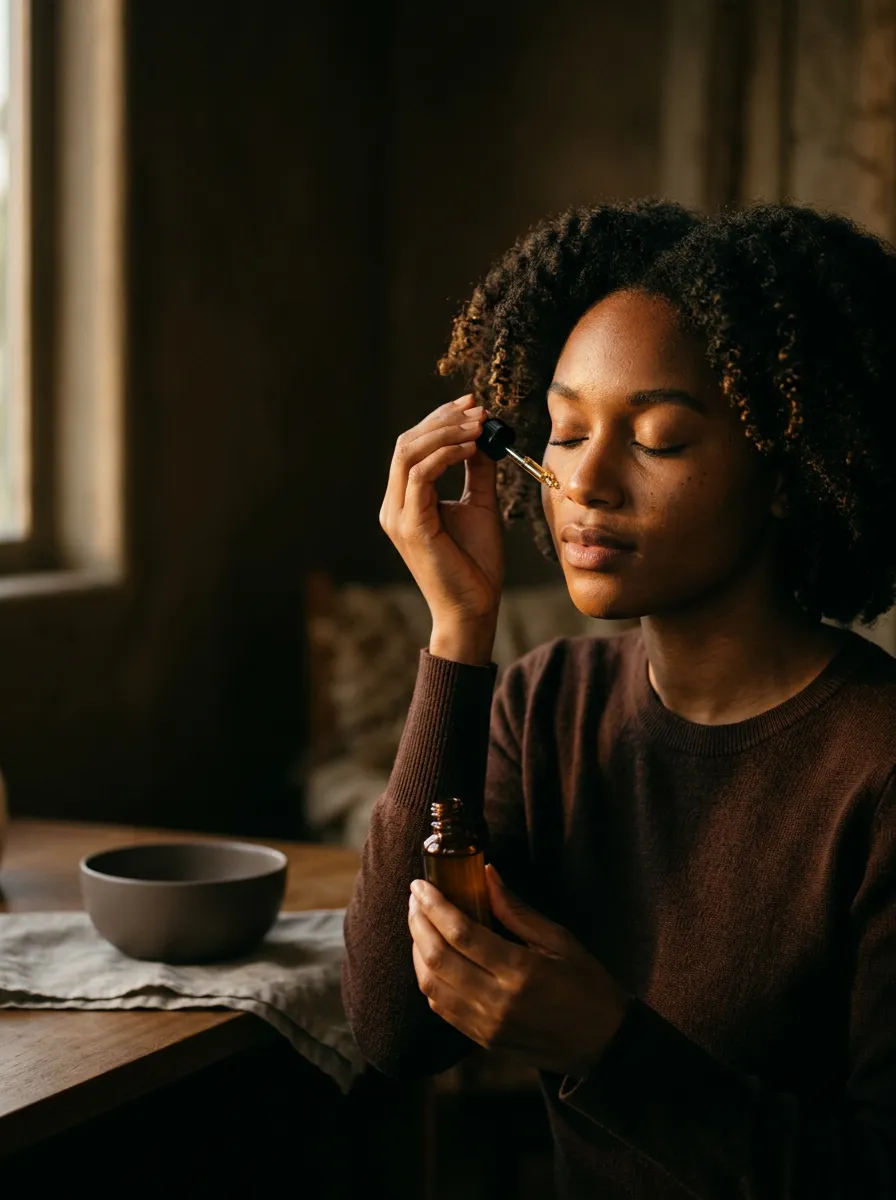 Editorial model portrait applying Audé restorative facial serum