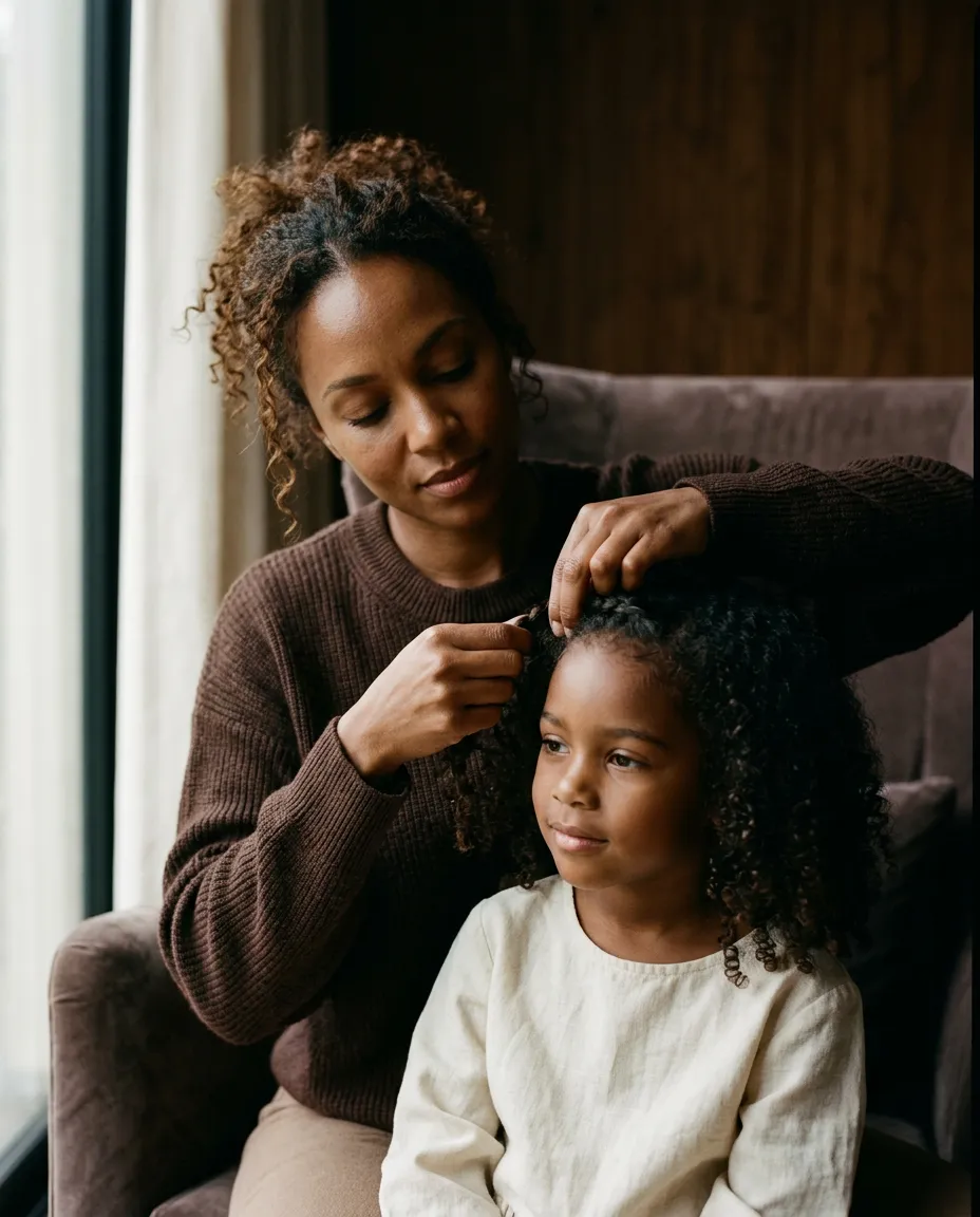 Mother tenderly braiding her daughter's hair in morning light, celebrating hair care as an heirloom ritual