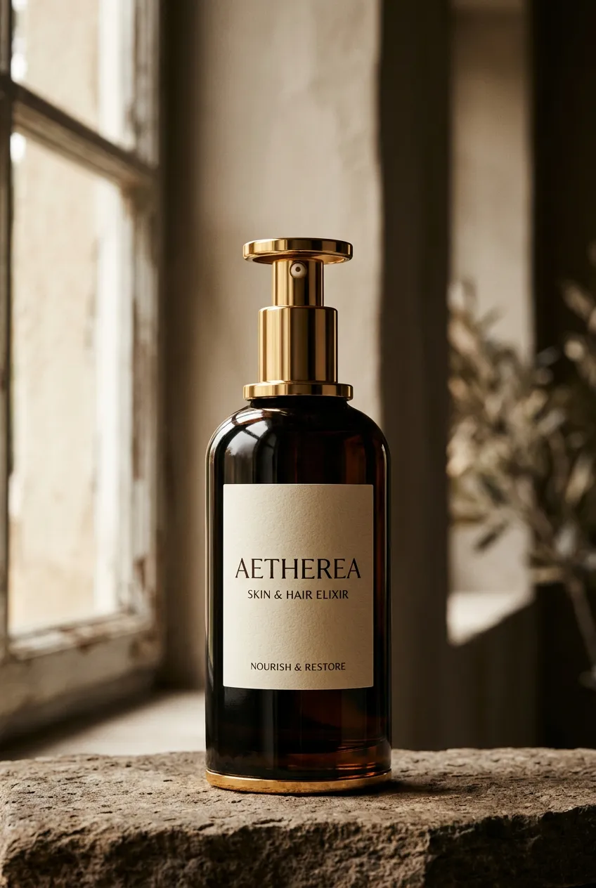 Audé luxury glass skincare flacon in natural architectural light
