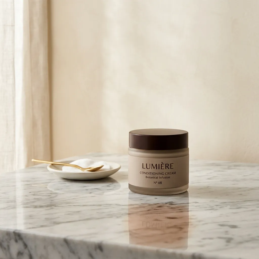 Minimalist marble vanity with Audé conditioning cream jar