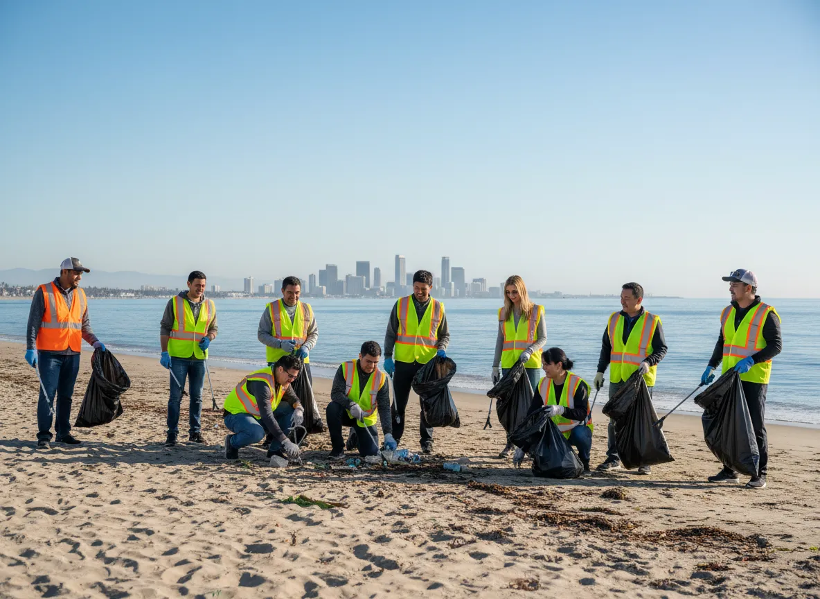 Volunteers cleaning trash from Alamitos Beach shoreline