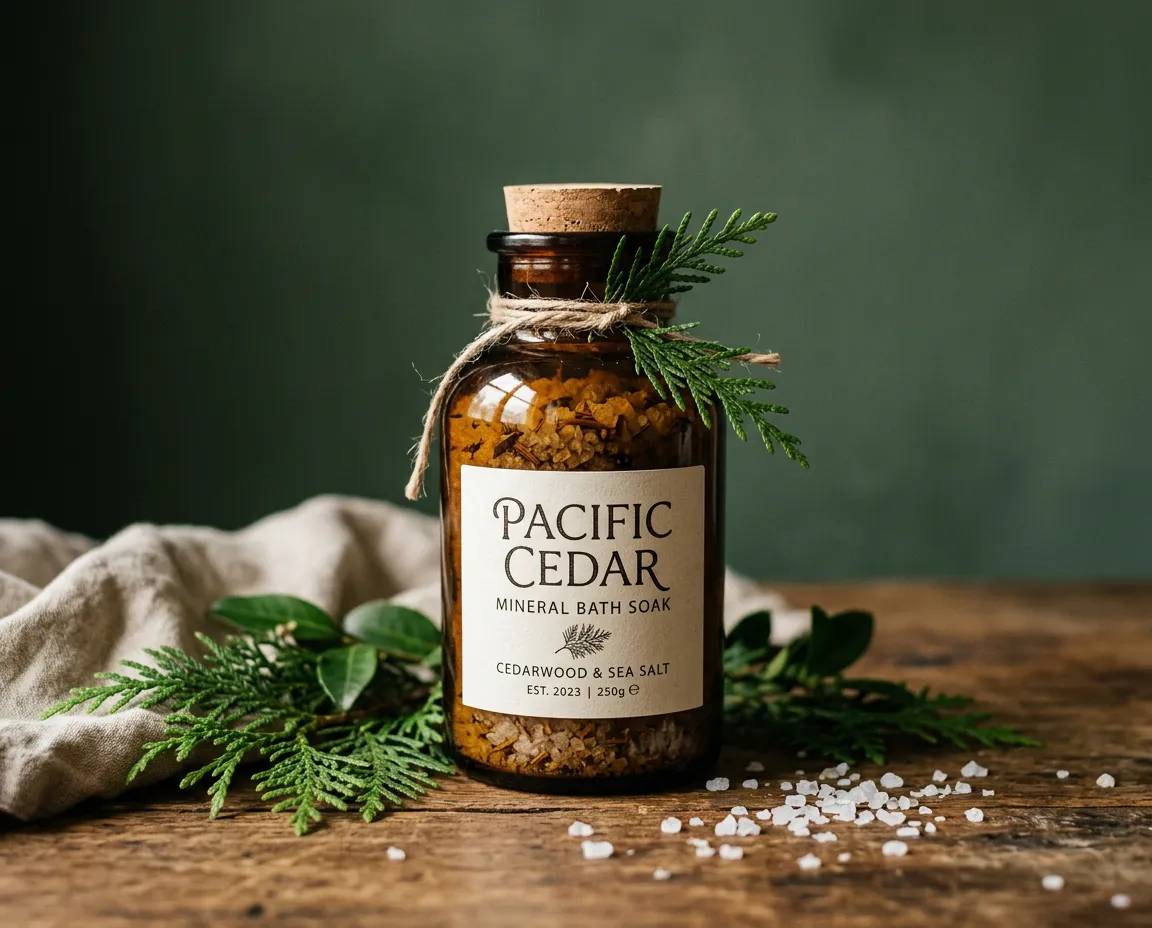 Apothecary mineral bath soak infused with pacific kelp and cedar leaf teaser bottle