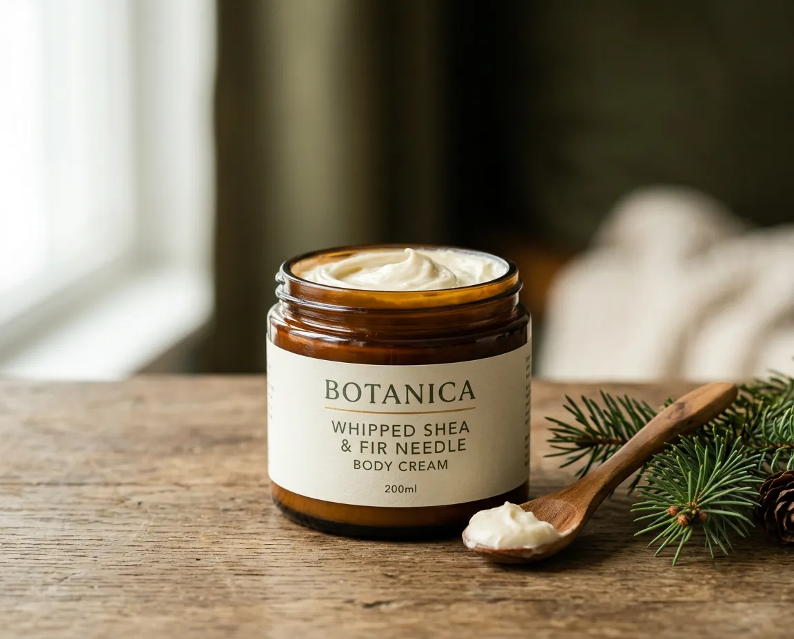 Whipped shea and fir needle botanical body cream in amber glass jar teaser