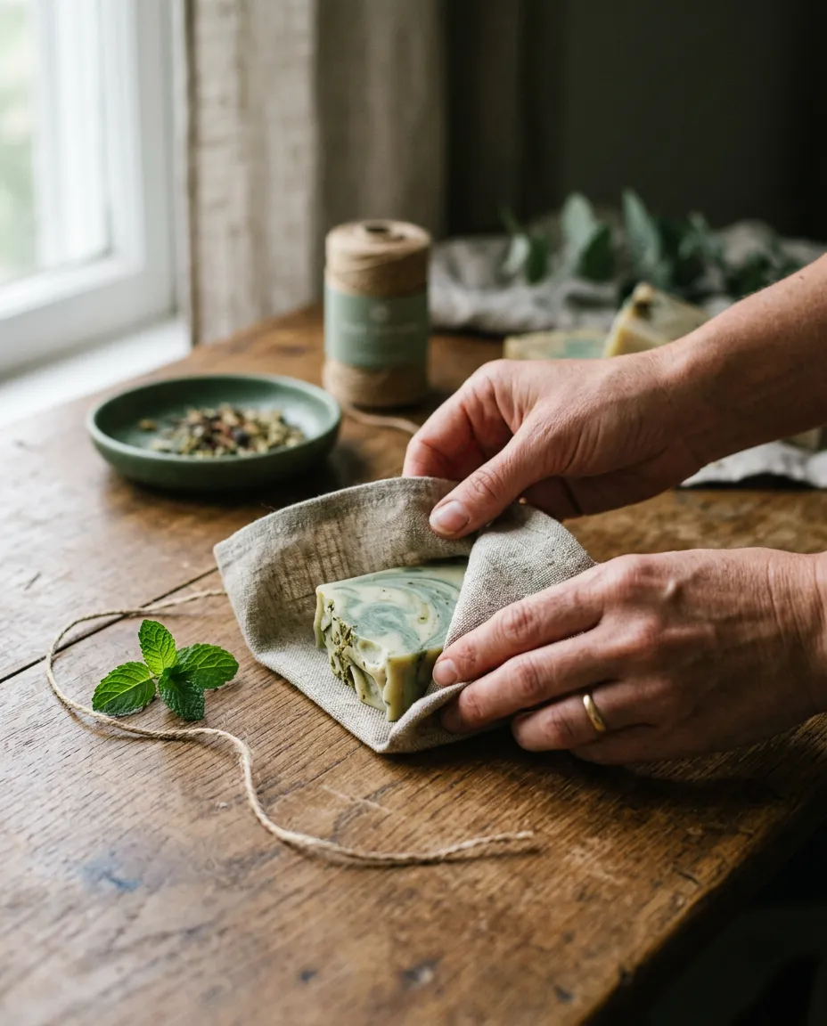 Artisan handcrafting natural organic cold process soap inside Richmond workshop